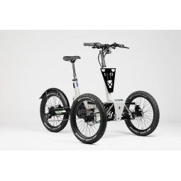 Tricycle électrique haut de gamme avec suspension complète, système inclinable et moteur puissant.